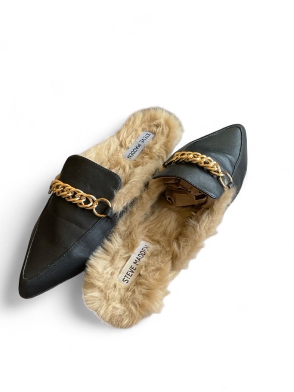 STEVE MADDEN Pointed Mules Fur Lined Loafers | Faux Leather Gold Chain SIZE 8.5